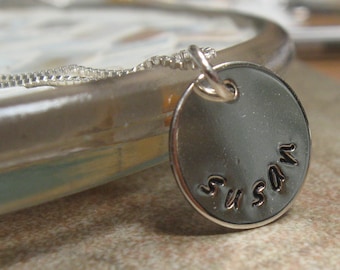 Hand stamped necklace, personalized, one disc, sterling silver, box chain, 14mm, gift for her, mothers necklace, grandma necklace