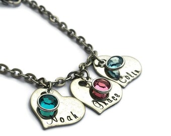 Charm bracelet personalized with children's names and birthstones in stainless steel and choice of length