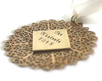 Personalized Christmas ornament family Christmas ornament, brass filigree ornament, brass christmas ornament, hand stamped ornament