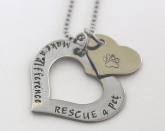 Rescue pet necklace, handstamped, hand stamped, rescue fundraiser, rescue awareness, stainless steel, paw print, animal rescue