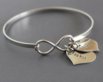 Infinity charm bangle stainless steel with children's names on hearts and optional birthstones