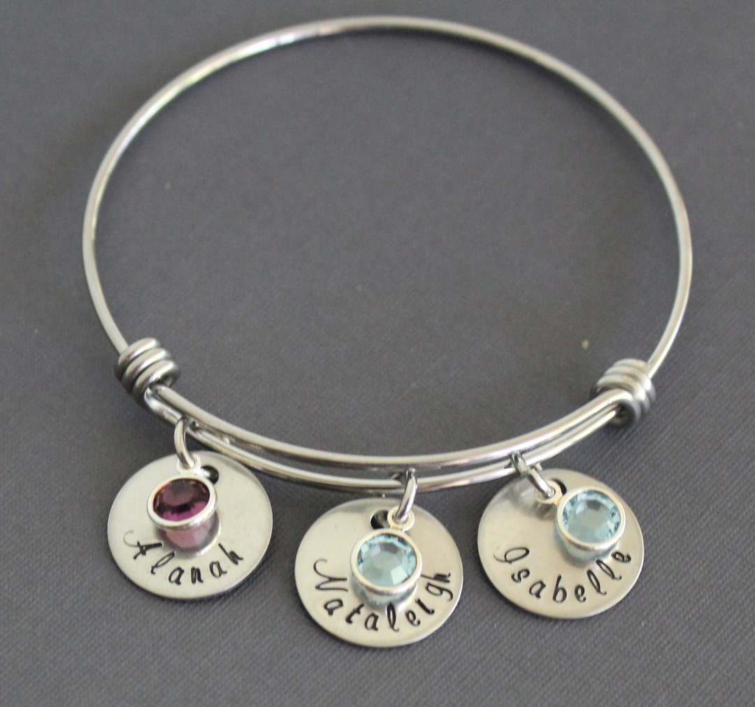 Personalized Bangle Bracelet, Expandable Bangle, Name and Birthstone Bracelet, Stainless Steel