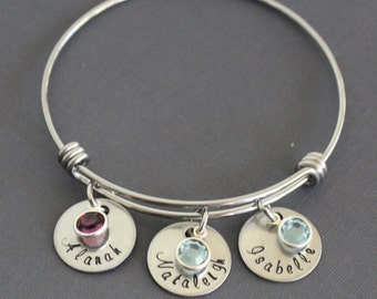 Personalized bangle bracelet, expandable bangle, name and birthstone bracelet, stainless steel bangle, hand stamped jewelry, mom, grandma