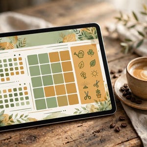 May include: A digital tablet displaying a planner interface with a botanical theme, featuring a grid of green and gold squares, a sidebar with gardening-related icons, and decorative leaf illustrations in the corners of the screen.