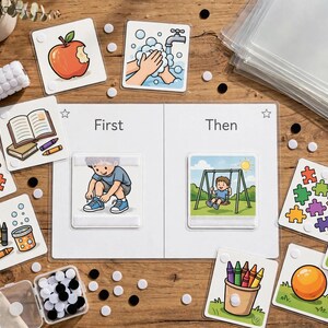 May include: A visual schedule board with First and Then headers, featuring square cards with illustrations of an apple, hand washing, a book, a child tying shoes, a child on a swing, crayons, puzzles, and a ball, with hook and loop fasteners.