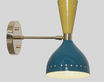 Retro Brass Wall Sconce, Double Cone Metal Shade Wall Lamp, Blue and Yellow Modern Lighting, Mid Century Home Decor