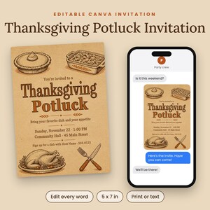 Sjabloon voor een uitnodiging voor een Thanksgiving-potluck, rustiek kraftpapier, bewerkbare Canva-uitnodiging, printen of sms'en