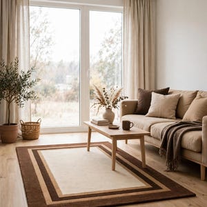 Brown Beige Geometric Area Rug, Modern Border Carpet, Neutral Living Room Rug, Minimalist Bedroom Floor Decor, Rectangular Home Rug