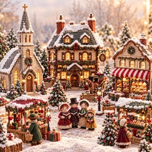 May include: A miniature crochet Christmas village scene featuring a church, a multi-story house, and a shop with a red and white striped awning. Several small crocheted figures stand in the snow-covered square among decorated trees.