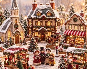 May include: A miniature crochet Christmas village scene featuring a church, a multi-story house, and a shop with a red and white striped awning. Several small crocheted figures stand in the snow-covered square among decorated trees.