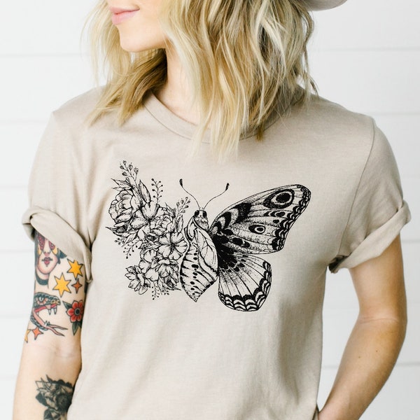 Butterfly Breath Illustrated Floral Wing Print | DesIndie | UNISEX Relaxed Jersey T-Shirt for Women