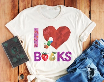 I Love Books A Very Hungry Caterpillar Teacher Read Reading Love Retro Vintage Nostalgia Short-Sleeve Unisex T-Shirt