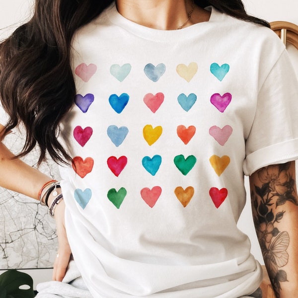 T-shirts graphiques artistiques doux coeurs aquarelle (unisexe pour femme)