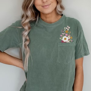 Faux Embroidery Wild Flower Comfort Heavyweight Premium Pocket Tees | Unisex Sizing