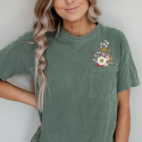 Faux Embroidery Wild Flower Comfort Heavyweight Premium Pocket Tees | Unisex Sizing