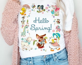 Vintage Baby Animals Graphic Tee: Hello Spring Unisex Shirt