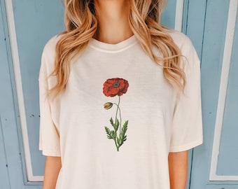 Vintage Red Poppy T-Shirt: Floral Botanical Comfort Tee