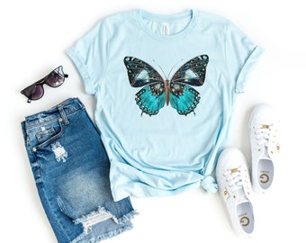 Large Blue Vintage Butterfly Moth Ultra Soft Graphic Tee Unisex Soft Tee T-shirt for Women or Men