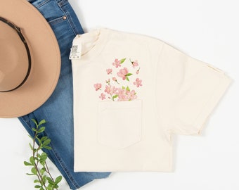 Faux Embroidery Cherry Blossoms Spring Flowers Comfort Heavyweight Premium Pocket Tees | Unisex Sizing