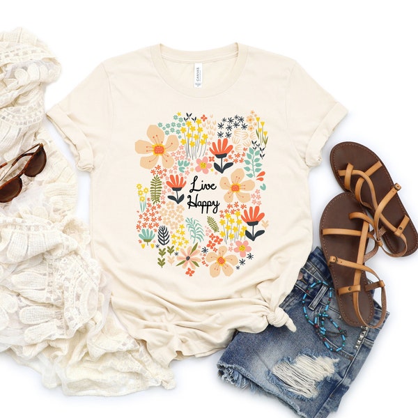 Live Happy Vintage Floral Happiness Flowers Retro Kindness | DesIndie | UNISEX Relaxed Jersey T-Shirt for Women