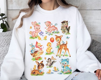 Vintage Retro Baby Animals Collage CUTE Ultra Cozy Retro Drop Shoulder Graphic Sweatshirt for Women or Men