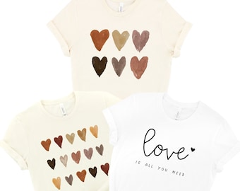 Artsy Melanin Skin Tone Kindness Watercolor Hearts Soft Graphic Tees (Unisex for Women)