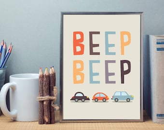 Little Baby Boy's Beep Beep Cars and Trucks Nuetral tones Nursery Children's Art Simple Minimalist Print - Digital Instant Download