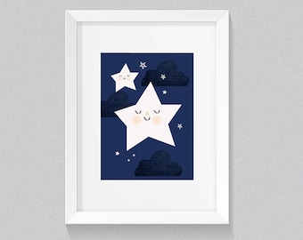 Twinkle Twinkle Little Star Soft Navy and Cream Unisex Playroom Nursery Navy Cream Background Print - Digital Instant Download