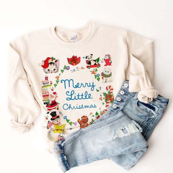 Vintage Retro Style Merry Little Christmas Sweatshirt: Golden Holiday Nostalgia
