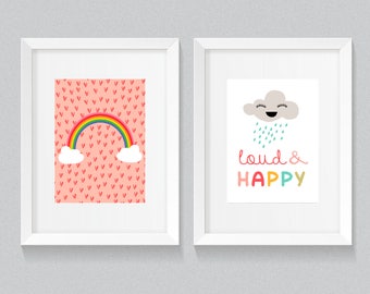 Set of 2 Rainbow Pink Hearts and Happy Cloud Little Baby Girl Nursery Playroom Print Set - Digital Instant Download/Customizable - Just ask