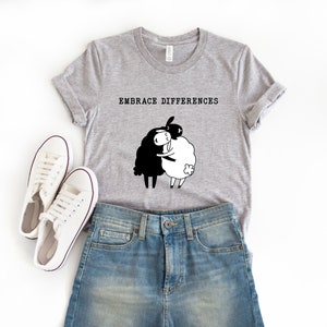 Embrace Difference White and Black Sheep Hugging  Ultra Soft Graphic Tee Unisex Soft Tee T-shirt for Women