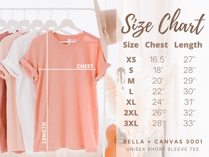 以下が含まれることがあります： ユニセックスの半袖Tシャツのサイズチャート。チャートには、XSから3XLまでのサイズと、それに対応する胸囲と着丈のインチが表示されています。