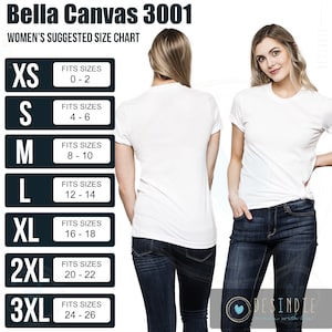 以下が含まれることがあります： Bella Canvas 3001 ウィメンズTシャツのサイズチャートです。チャートには、シャツのサイズと対応する女性の衣料品のサイズが表示されています。たとえば、サイズXSのTシャツは、女性のサイズ0〜2に適合します。