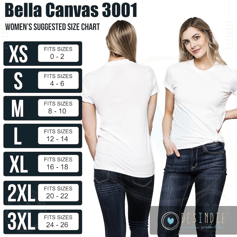 以下が含まれることがあります： Bella Canvas 3001 ウィメンズTシャツのサイズチャートです。チャートには、シャツのサイズと対応する女性の衣料品のサイズが表示されています。たとえば、サイズXSのTシャツは、女性のサイズ0〜2に適合します。