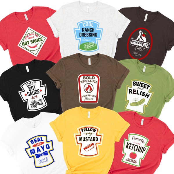 Condiment Costume Soft Unisex Tees Ketchup, Mustard, Mayo, Hot Sauce, Relish, Ranch, Soy, Halloween, Party