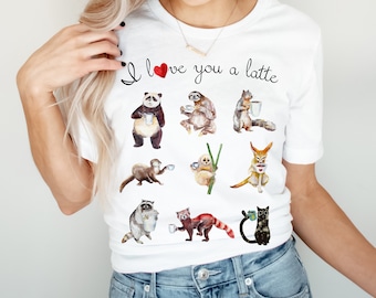 Camiseta "Te amo a un café con leche": Camiseta gráfica de San Valentín con café y animales