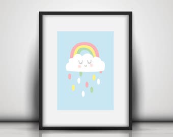 New Sweet Baby Girl Playroom Nursery Rainbow with Clouds and Rain Kawaii Soft and Cute Background Print - Digital Instant Download