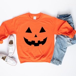 Pumpkin Jack-O-Lantern Happy Halloween Fall Face Ultra Cozy Retro Drop Shoulder Graphic Sweatshirt Unisex Soft Tee for Women or Men