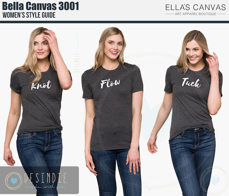 以下が含まれることがあります： 3人の女性が、それぞれ異なるスタイリングのチャコールグレーのBella Canvas 3001 Tシャツを着ています。最初の女性は、「Knot」とプリントされた結び目のTシャツを着ています。2番目の女性は、「Flow」とプリントされたTシャツを着ています。3番目の女性は、「Tuck」とプリントされたタックインされたTシャツを着ています。
