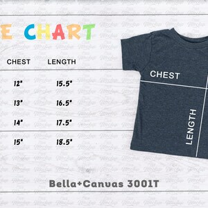Op de afbeelding: Maattabel voor Bella+Canvas 3001T T-shirts, met borst- en lengtemaat in inches voor maten 2T, 3T, 4T en 5T.