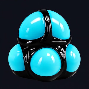 Può includere: Una scultura lucida composta da quattro sfere di vetro color ciano brillante, tenute insieme da una struttura nera liscia e interconnessa. L'oggetto presenta una forma arrotondata e simmetrica con una superficie riflettente ad alto contrasto.