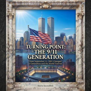Può includere: Un poster incorniciato intitolato Turning Point: The 9/11 Generation, How September 11, 2001 Changed a Generation and the World Forever. Raffigura una bandiera americana, le Torri Gemelle e una vasca commemorativa sullo skyline.