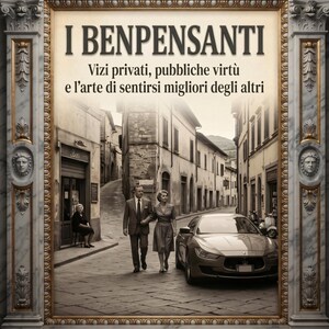 Może przedstawiać: Okładka książki z tytułem I BENPENSANTI Vizi privati, pubbliche virtù e l'arte di sentirsi migliori degli altri, przedstawiająca uliczną scenę w odcieniach sepii z parą idącą obok nowoczesnego samochodu, w ozdobnej marmurowej ramie.