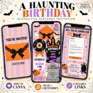 May include: Three smartphones display an interactive digital birthday invitation template with a Halloween theme. The screens feature orange and purple stripes, a black haunted house, ghosts, bats, an orange envelope, and RSVP form fields.