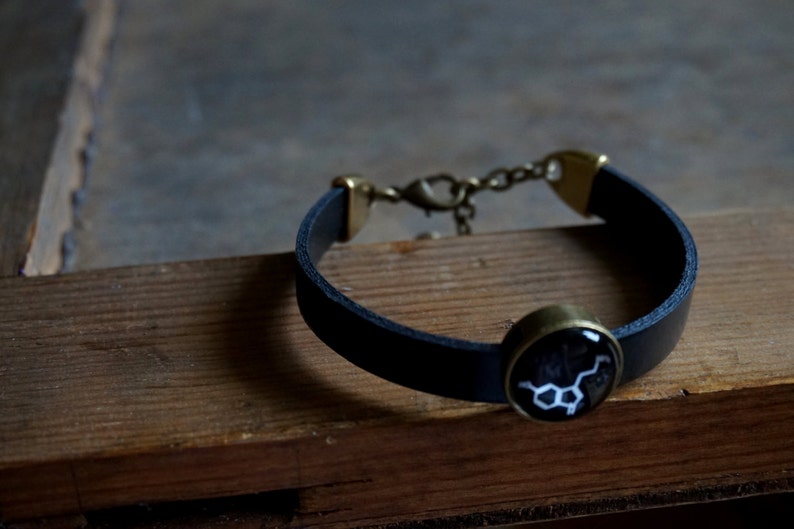 Serotonin bracelet Serotonin molecules leather black bracelet Chemical Molecular Structure chemical jewelry Gift for her Cabochon bracelet