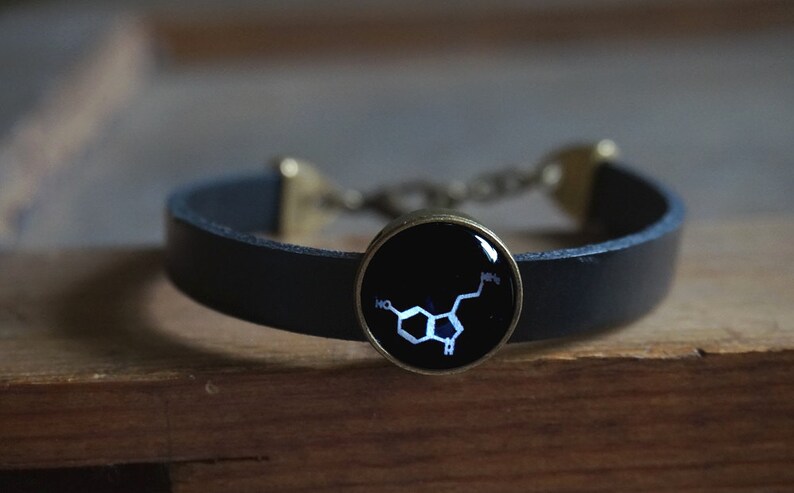 Serotonin bracelet Serotonin molecules leather black bracelet Chemical Molecular Structure chemical jewelry Gift for her Cabochon bracelet