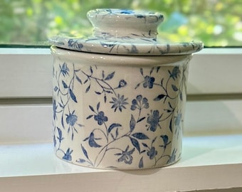 butter dish, ceramic French-style butter keeper, floral decor butter crock, blue springtime flowers decor, spreadable counter butter!