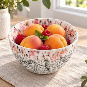 May include: A white ceramic bowl featuring a black line art illustration of birds and botanical elements around the base, with a pink and orange watercolor-style splatter pattern near the rim, filled with fresh orange apricots and red raspberries.