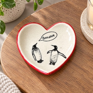 Handcrafted Ceramic Heart Dish, Bonjour Penguin Ring Holder, Whimsical Red Rim Pottery Trinket Tray