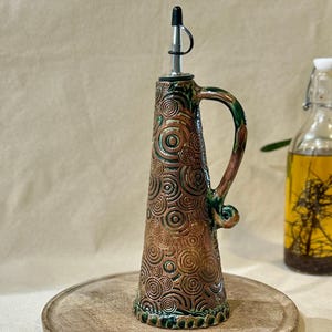 Handmade Ceramic Olive Oil Cruet: Rustic Pottery oil or vinegar Dispenser, spiral design oil cruet, home pottery gift, dinner table gift